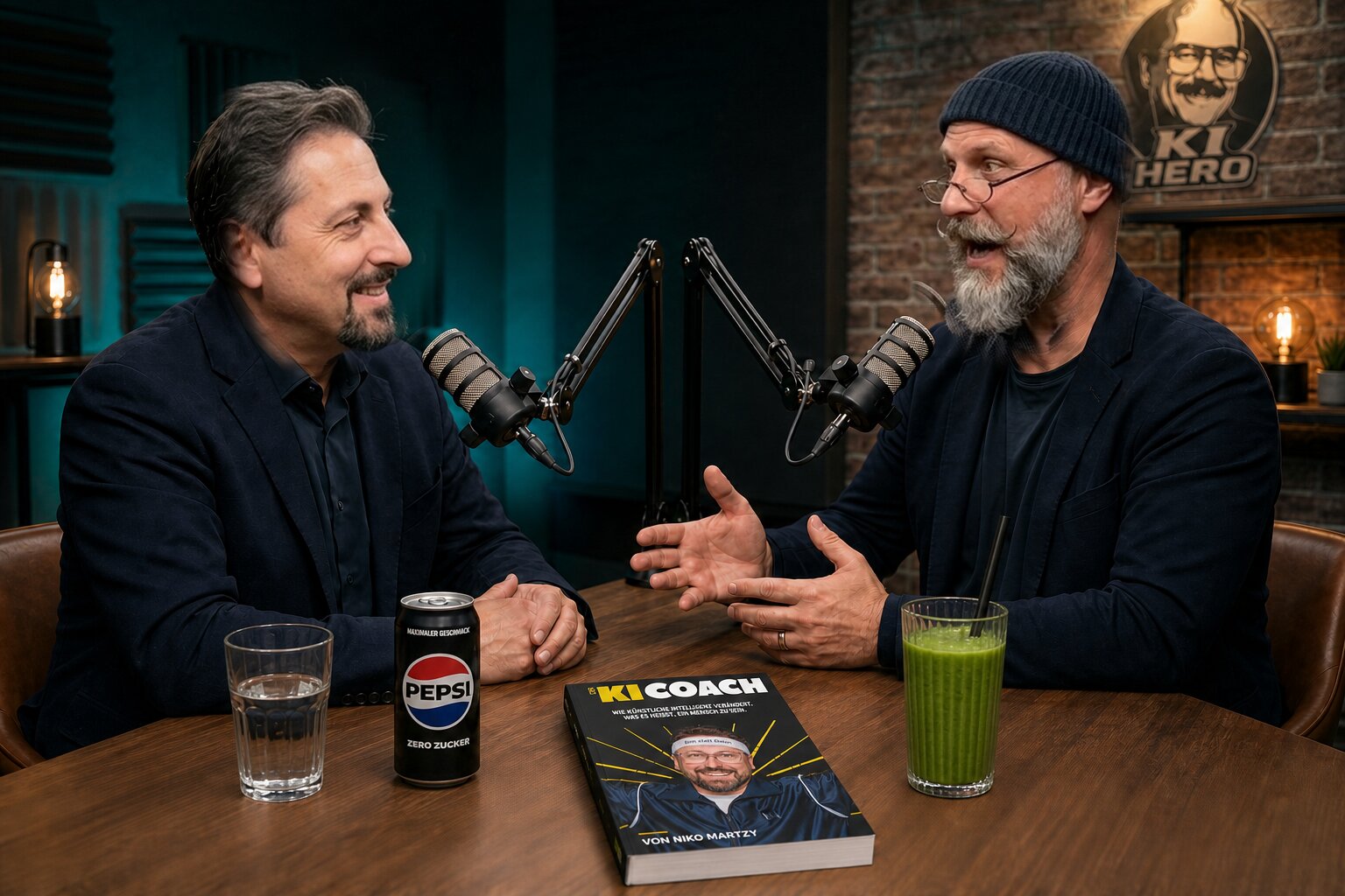 Niko Martzy und Sascha im Gespräch im Studio des KI Hero Podcasts, zwischen ihnen das Buch Der KI-Coach, an der Wand das KI-Hero-Logo (Bild KI-generiert)